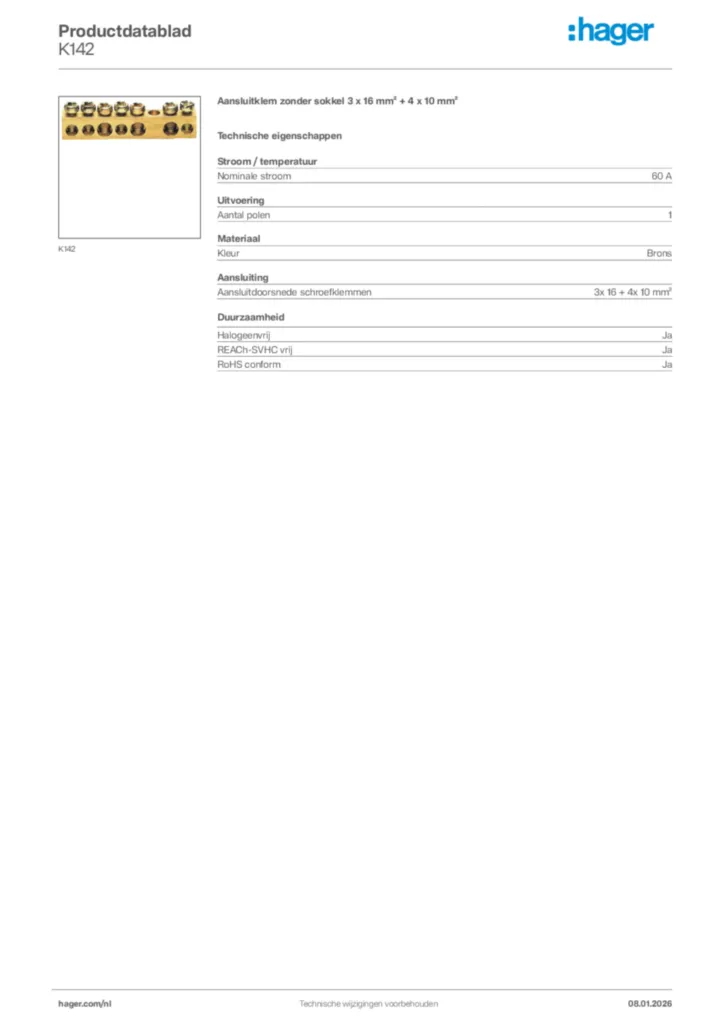 Afbeelding Hager Productdatablad K142 | Hager Nederland