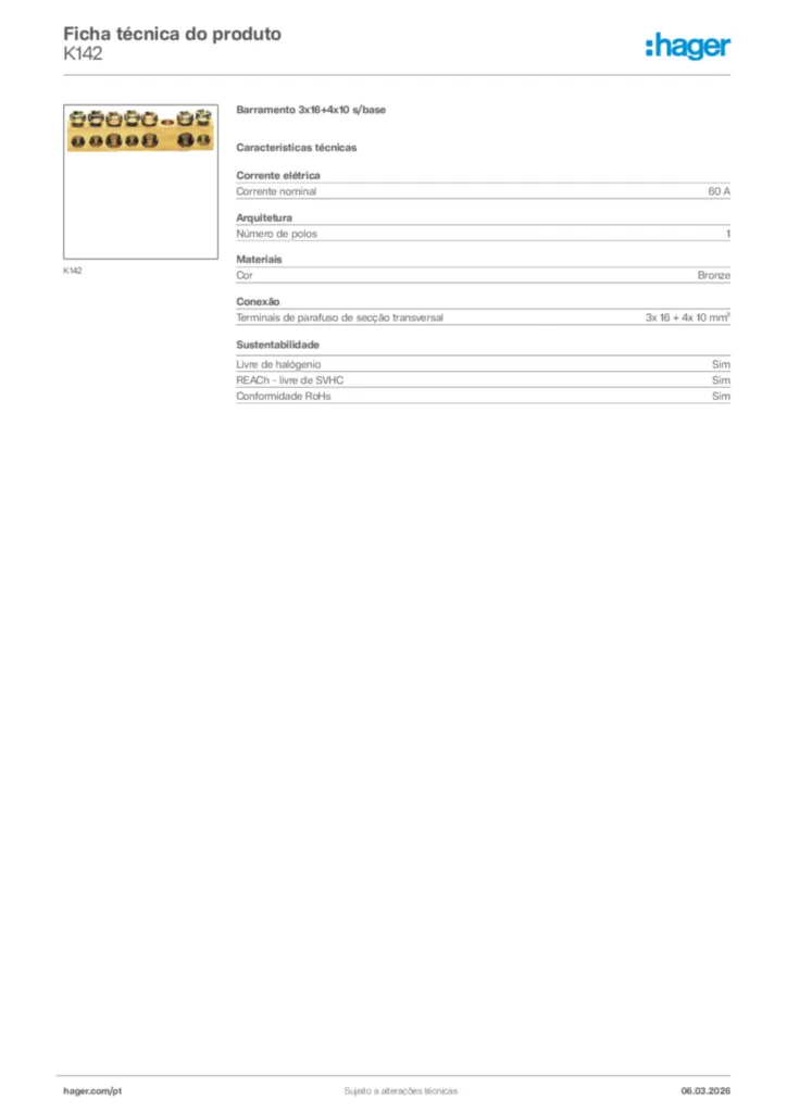 Imagem Hager Ficha técnica do produto K142 | Hager Portugal