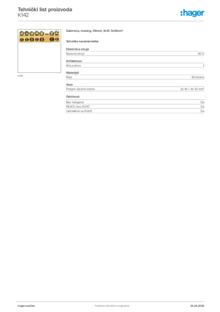 Slika Hager Tehnički list proizvoda K142  | Hager
