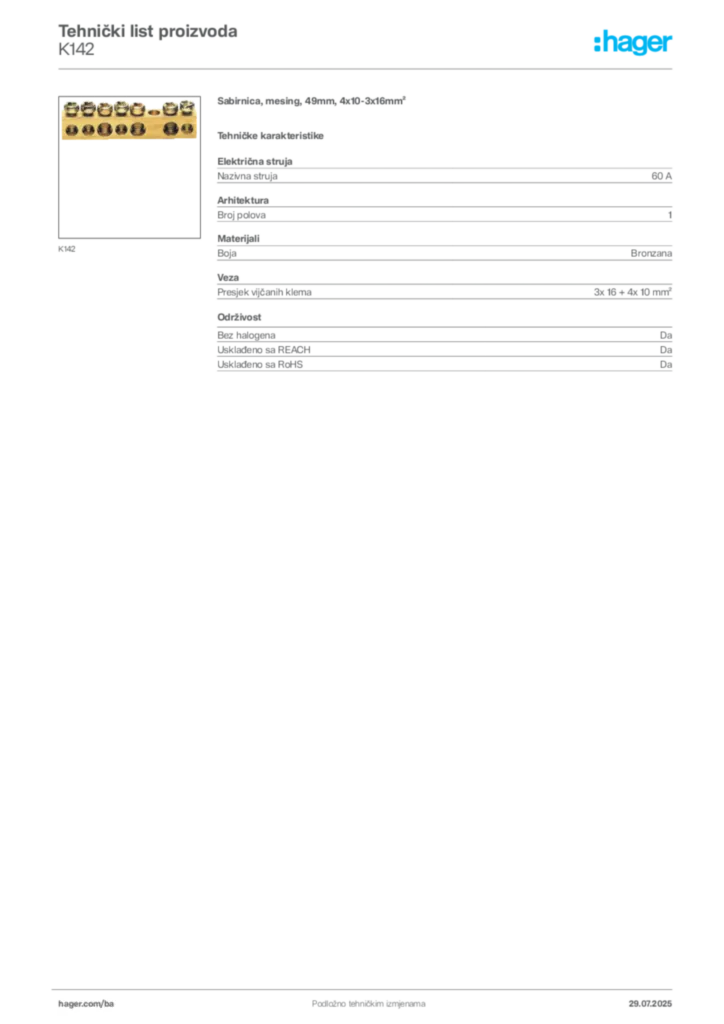 Slika Hager Product data sheet K142  | Hager