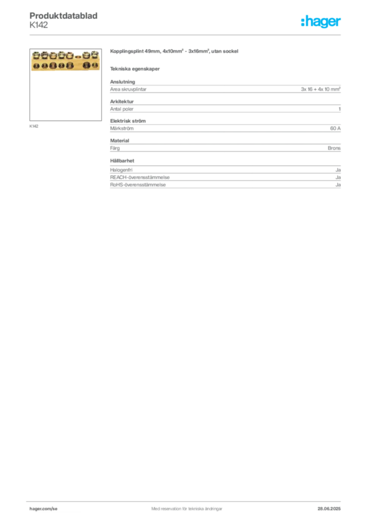 Bild Hager Produktdatablad K142 | Hager Sverige