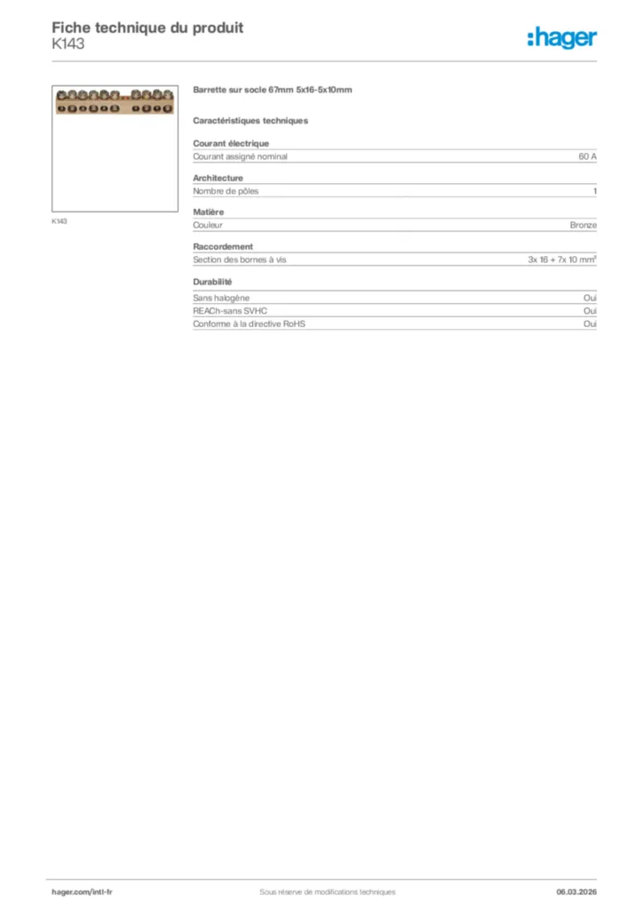 Image Hager Fiche technique du produit K143 | Hager Afrique