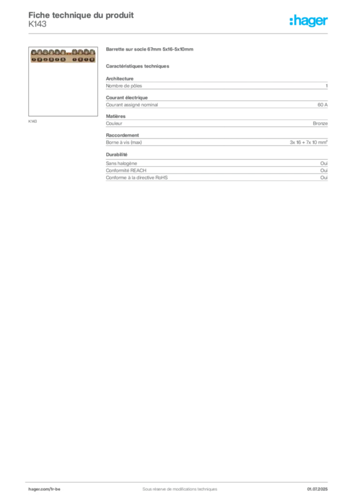 Image Hager Fiche technique du produit K143 | Hager Belgique