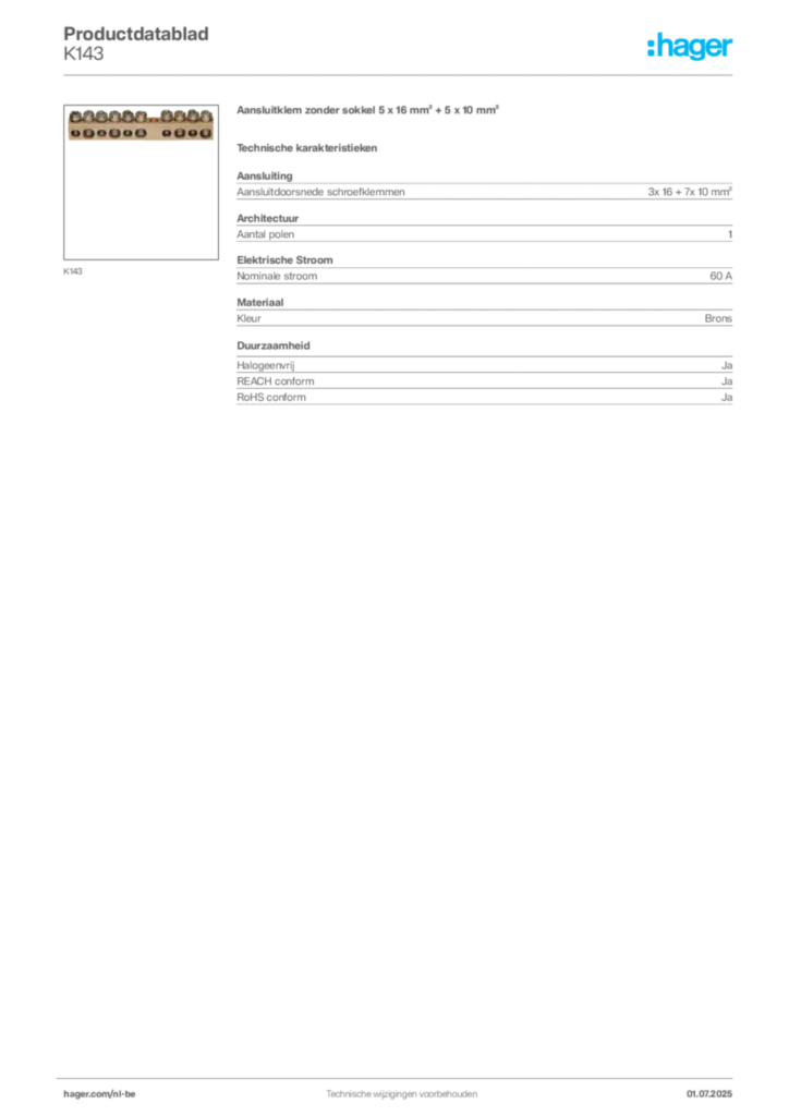 Afbeelding Hager Productdatablad K143 | Hager Belgium