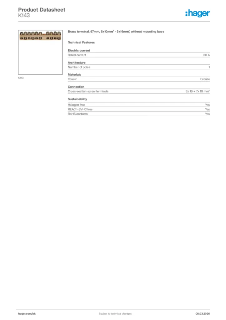 Image Hager Product data sheet K143  | Hager
