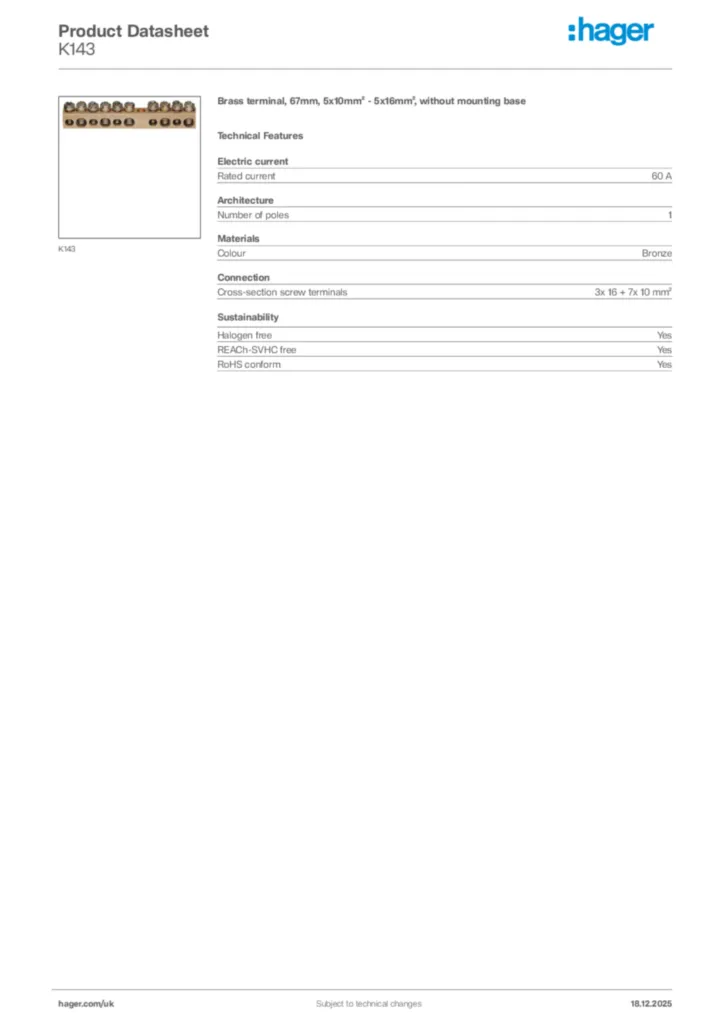 Image Hager Product data sheet K143  | Hager