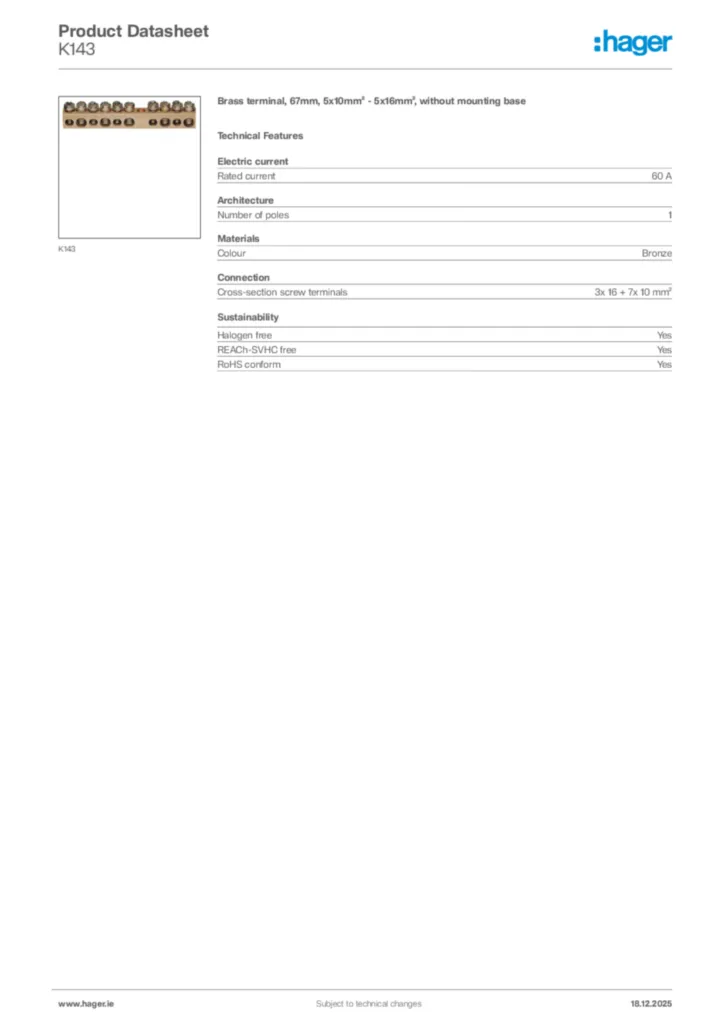 Image Hager Product data sheet K143  | Hager