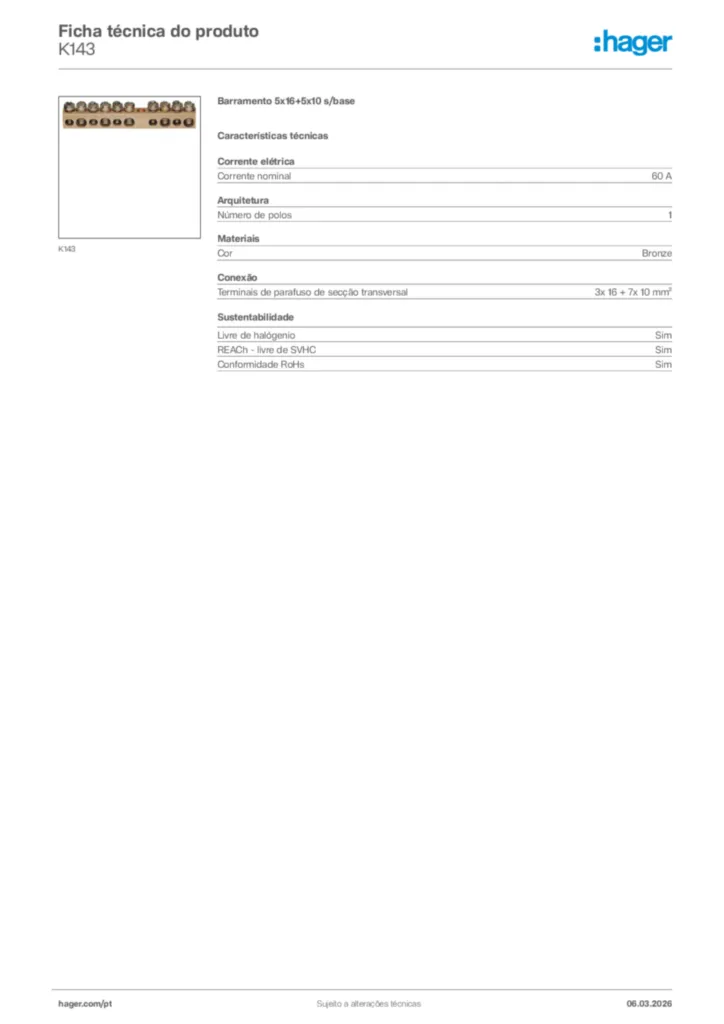 Imagem Hager Ficha técnica do produto K143 | Hager Portugal