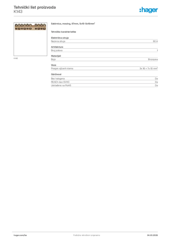 Slika Hager Tehnički list proizvoda K143  | Hager