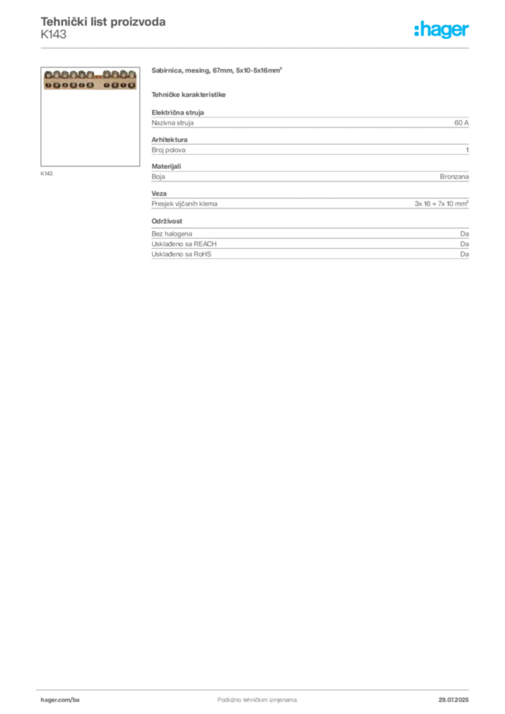 Slika Hager Product data sheet K143  | Hager