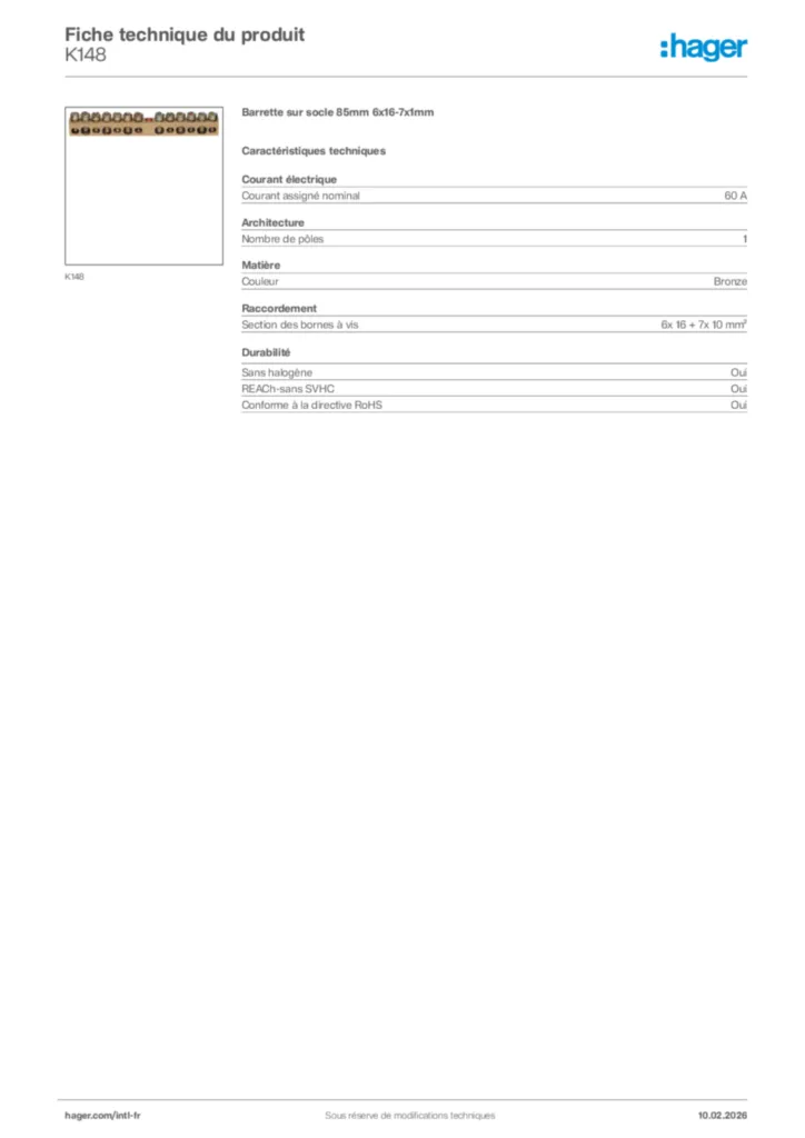 Image Hager Fiche technique du produit K148 | Hager Afrique