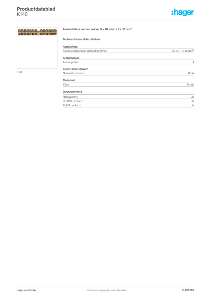 Afbeelding Hager Productdatablad K148 | Hager Belgium