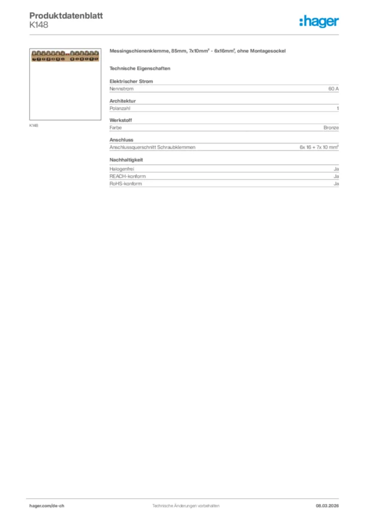 Bild Hager Produktdatenblatt K148 | Hager Schweiz