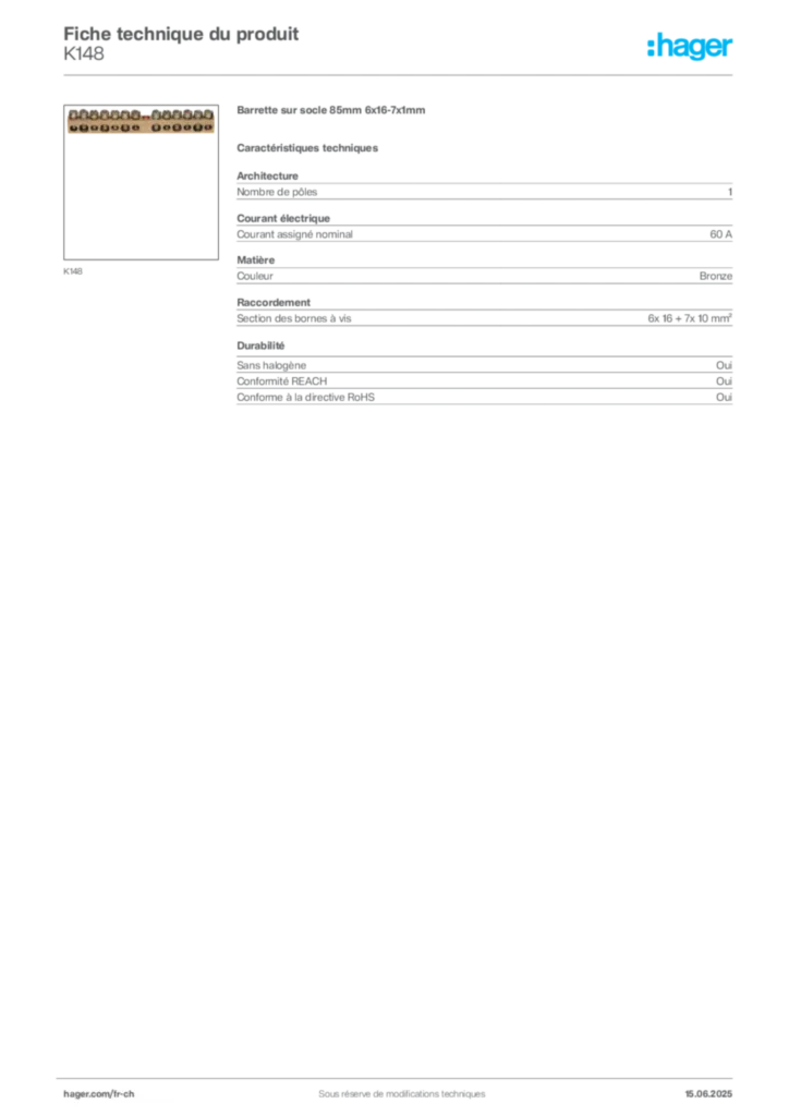 Image Hager Fiche technique du produit K148 | Hager Suisse