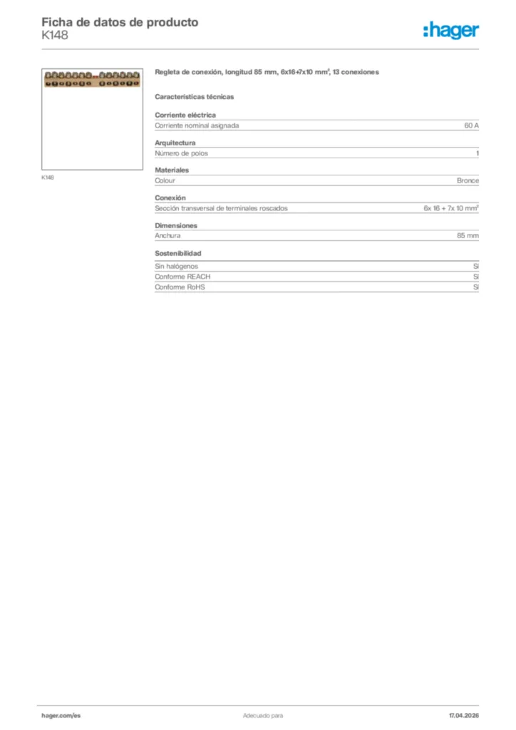 Imagen Hager Ficha de datos de producto K148 | Hager España
