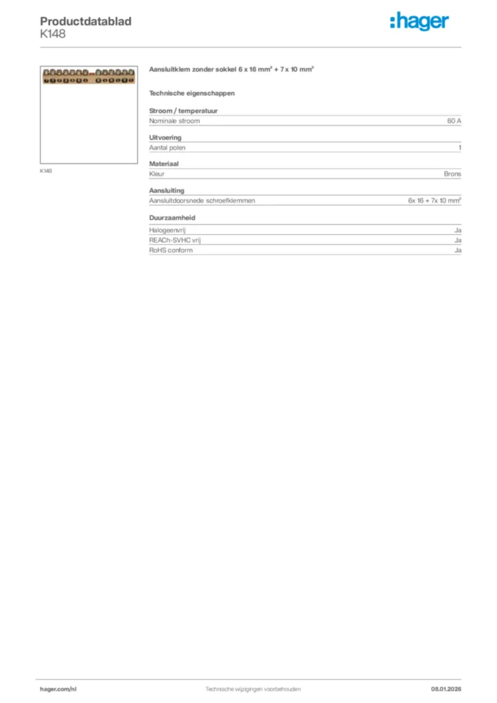 Afbeelding Hager Productdatablad K148 | Hager Nederland