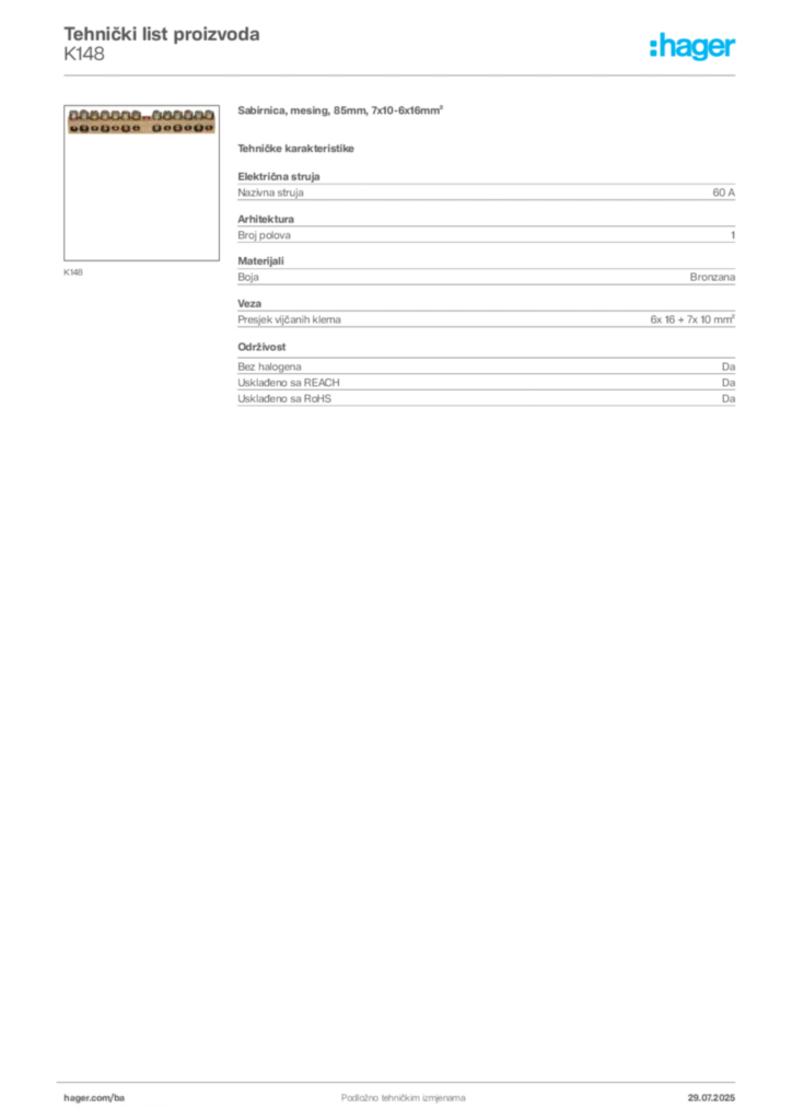 Slika Hager Product data sheet K148  | Hager