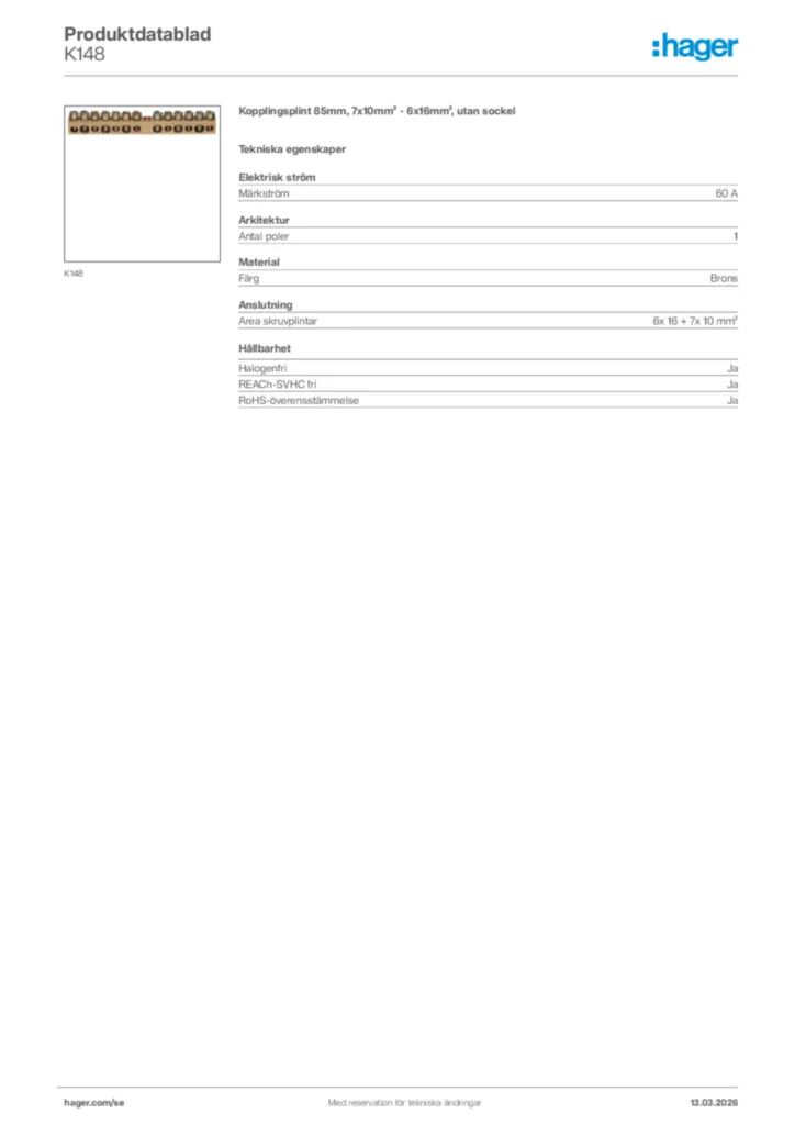 Bild Hager Produktdatablad K148 | Hager Sverige
