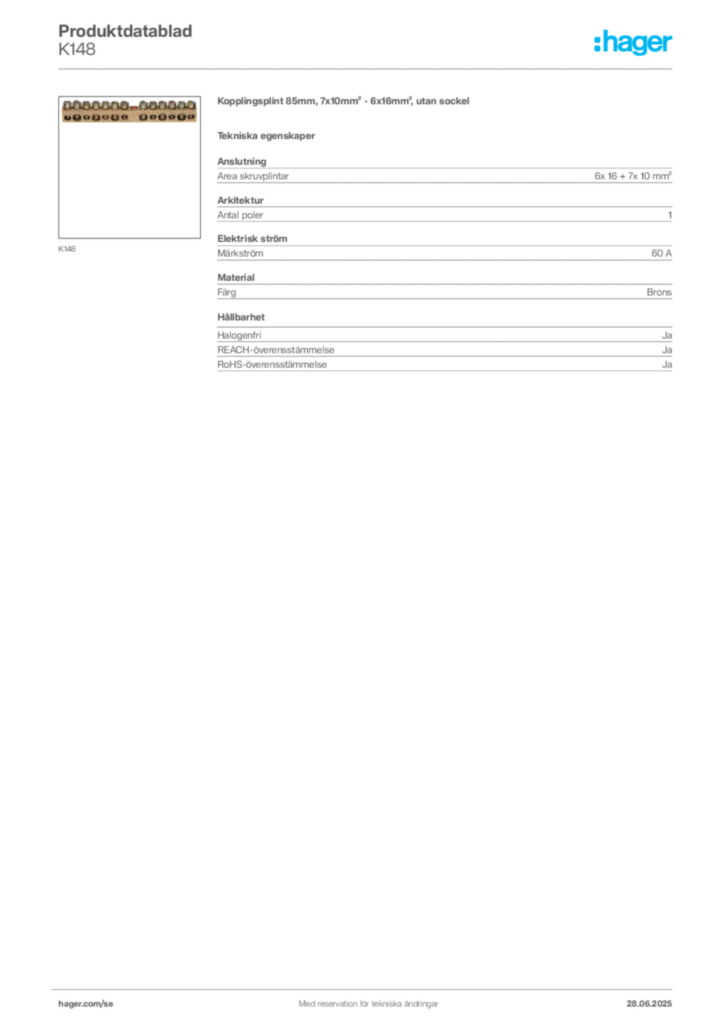 Bild Hager Produktdatablad K148 | Hager Sverige