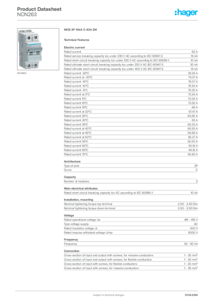 Image Hager Product data sheet NCN263  | Hager