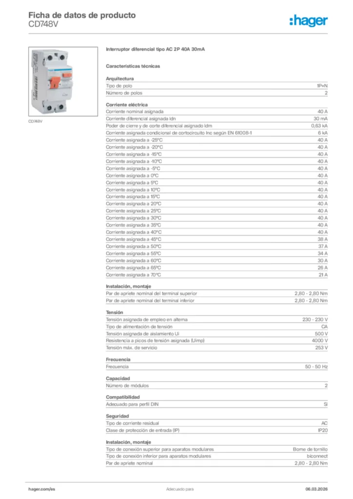 Imagen Hager Ficha de datos de producto CD748V | Hager España