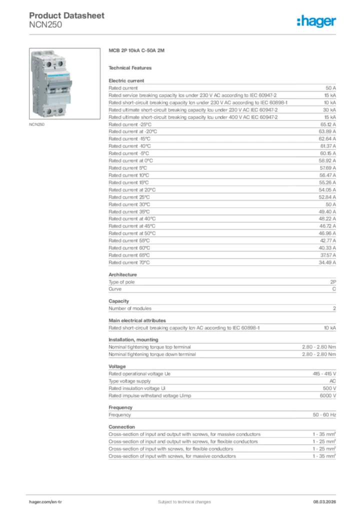 Image Hager Product data sheet NCN250  | Hager