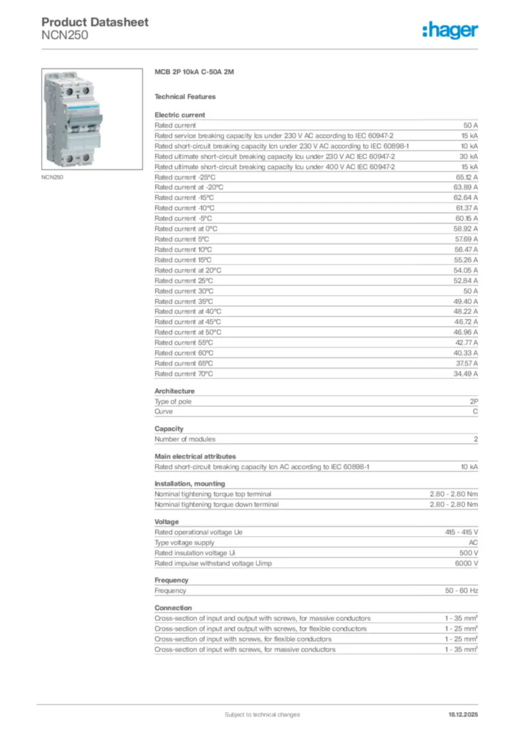 Image Hager Product data sheet NCN250  | Hager