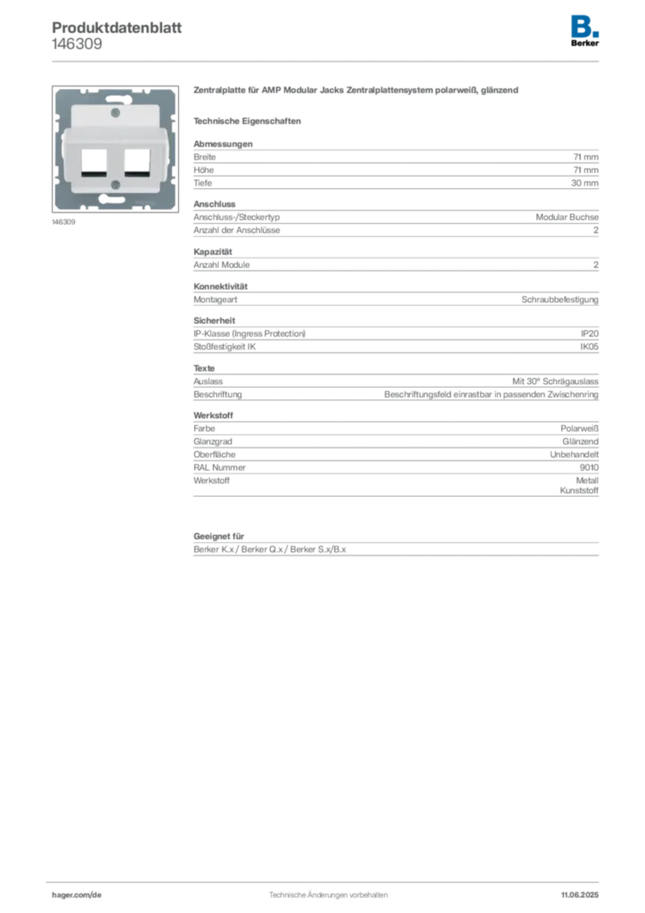 Bild Berker Produktdatenblatt 146309 | Hager Deutschland