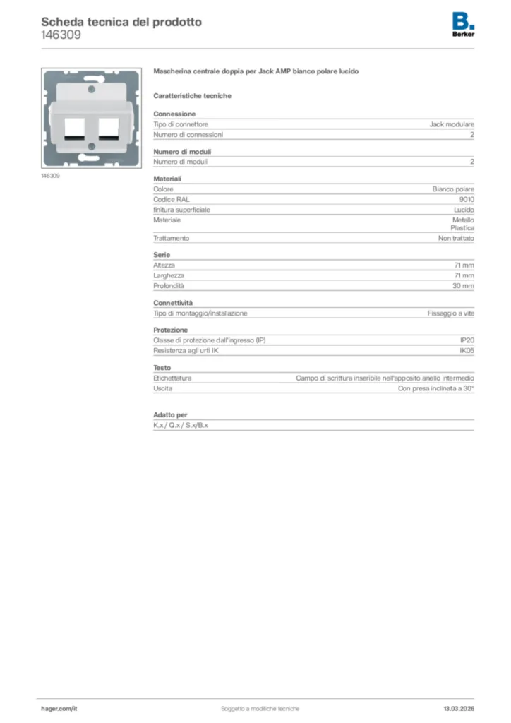 Immagine Berker Scheda tecnica del prodotto 146309 | Hager Italia