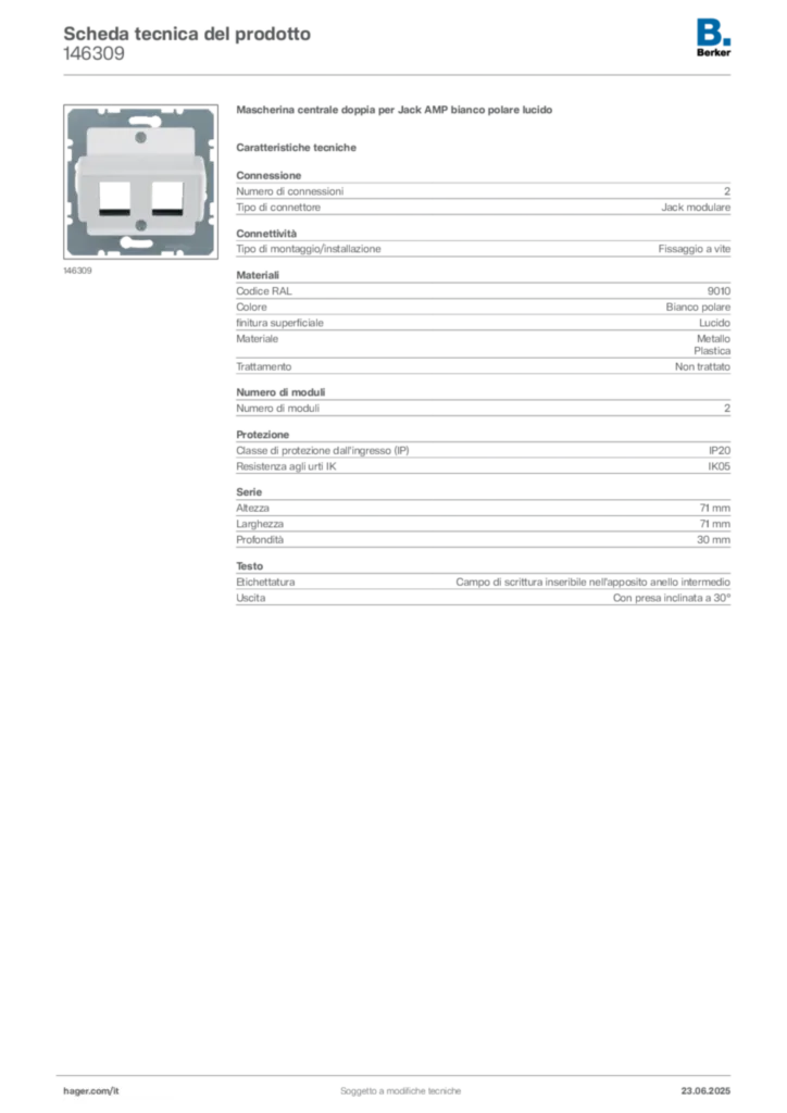 Immagine Berker Scheda tecnica del prodotto 146309 | Hager Italia