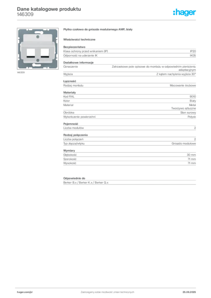Zdjęcie Hager Karta katalogowa 146309 | Hager Polska