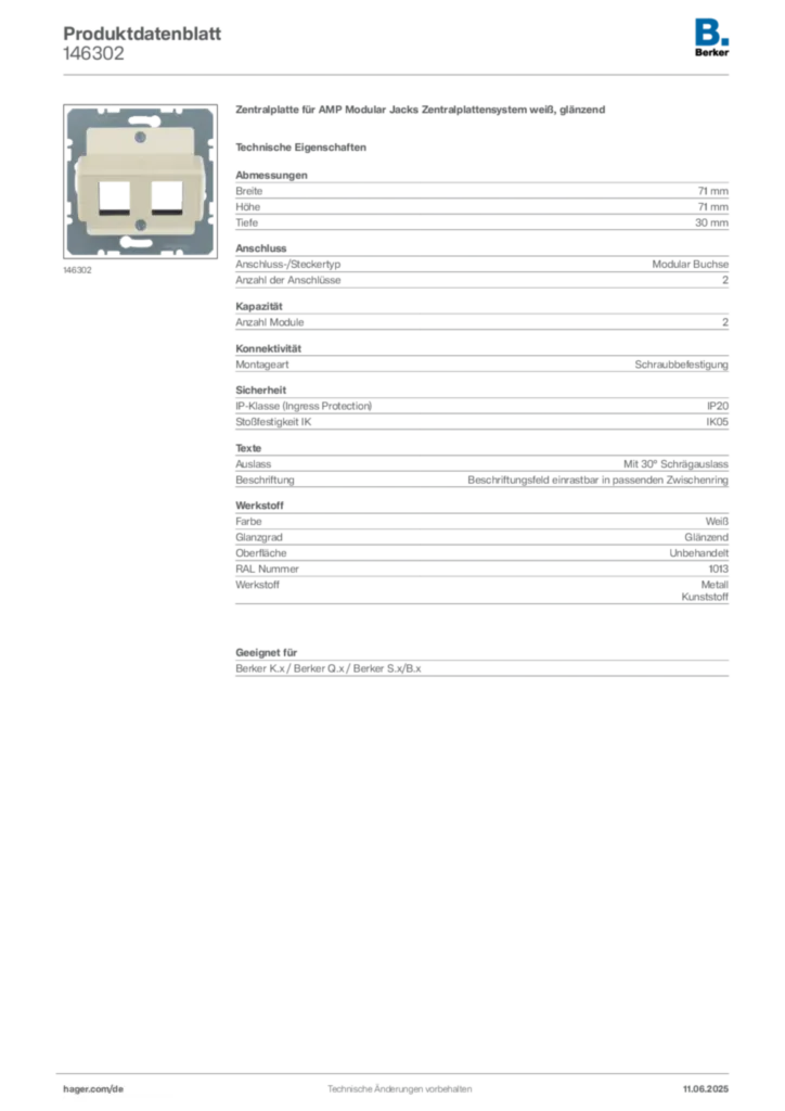 Bild Berker Produktdatenblatt 146302 | Hager Deutschland