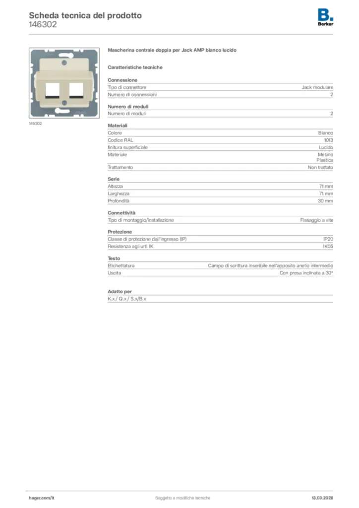 Immagine Berker Scheda tecnica del prodotto 146302 | Hager Italia