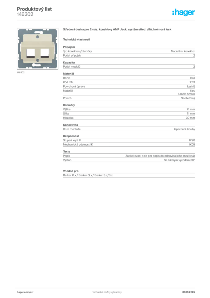 Obrázek Hager Produktový list 146302 | Hager