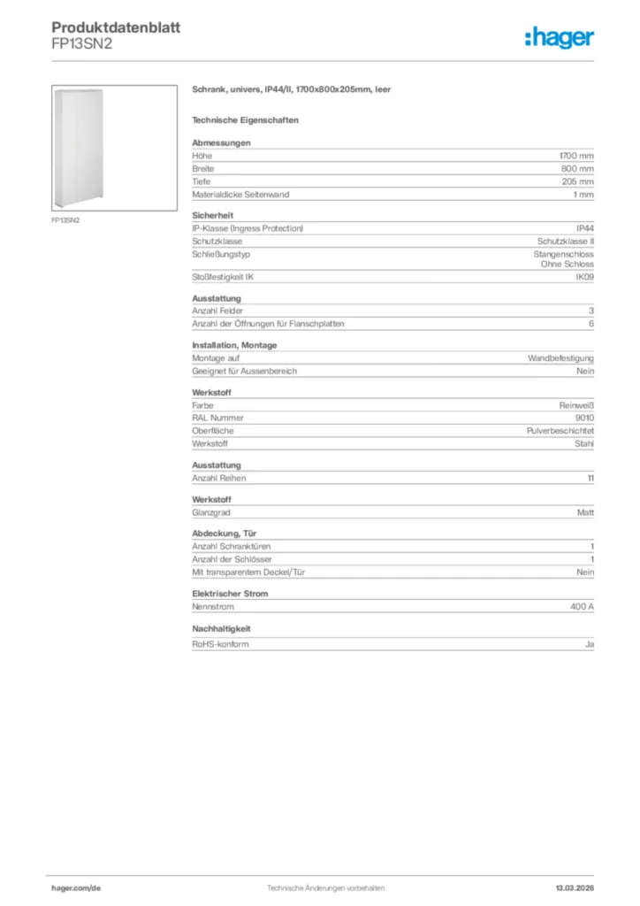 Bild Hager Produktdatenblatt FP13SN2 | Hager Deutschland