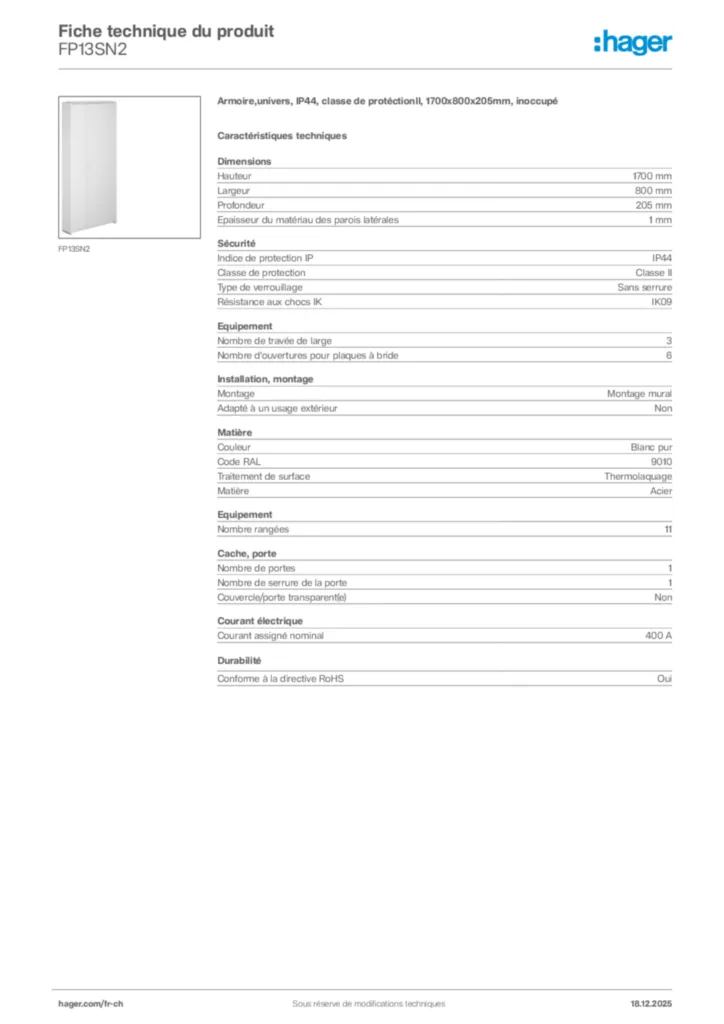 Image Hager Fiche technique du produit FP13SN2 | Hager Suisse