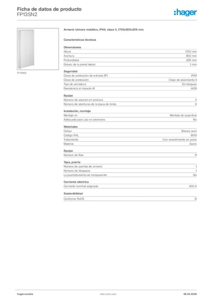 Imagen Hager Ficha de datos de producto FP13SN2 | Hager España