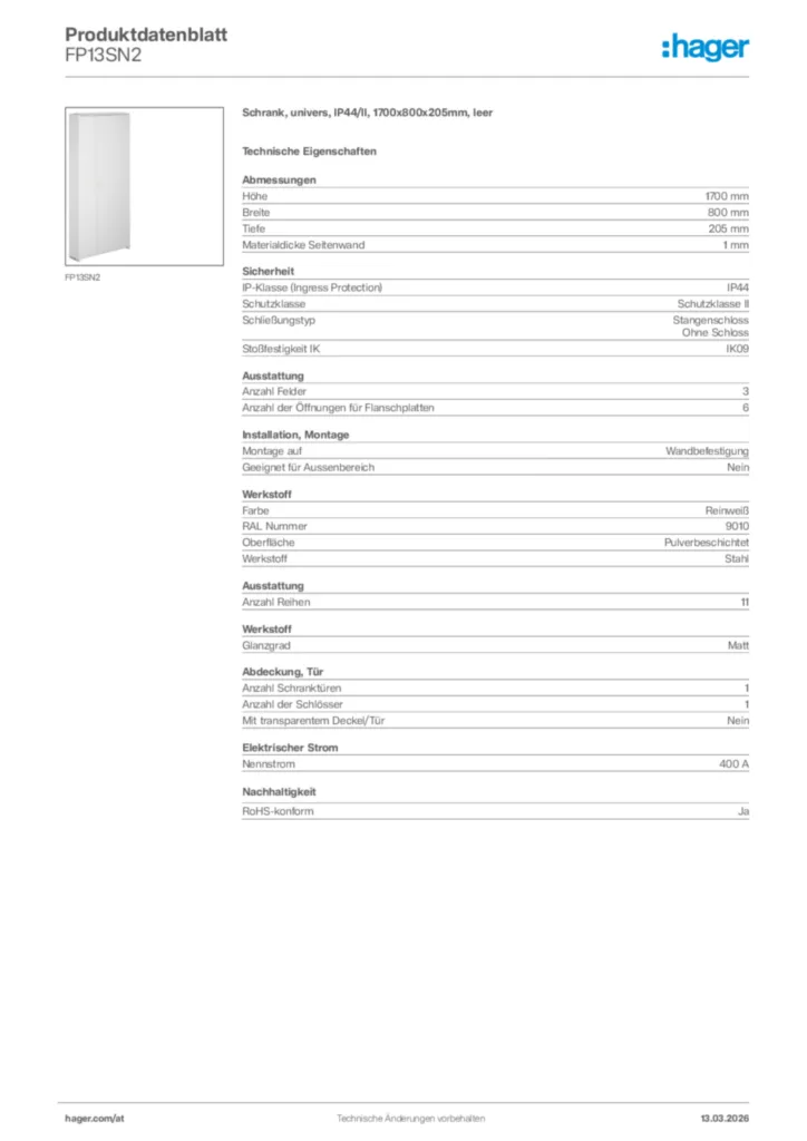 Bild Hager Produktdatenblatt FP13SN2 | Hager Deutschland