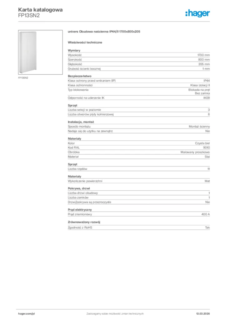Zdjęcie Hager Karta katalogowa FP13SN2 | Hager Polska