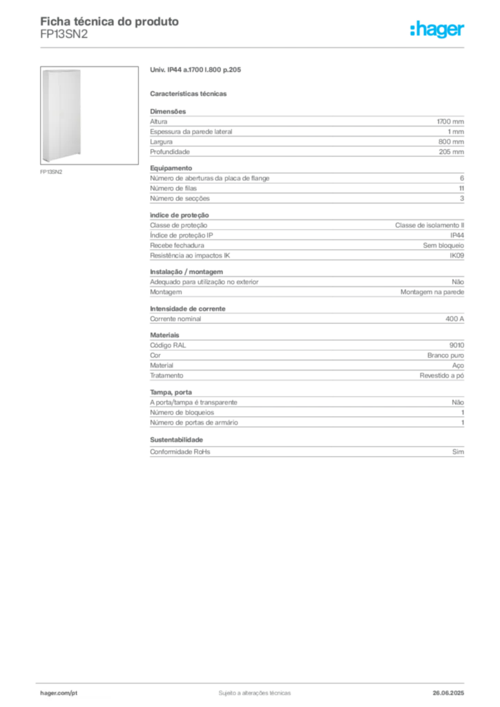Imagem Hager Ficha técnica do produto FP13SN2 | Hager Portugal