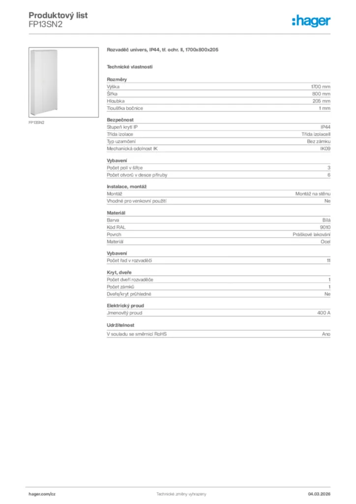 Obrázek Hager Product data sheet FP13SN2 | Hager