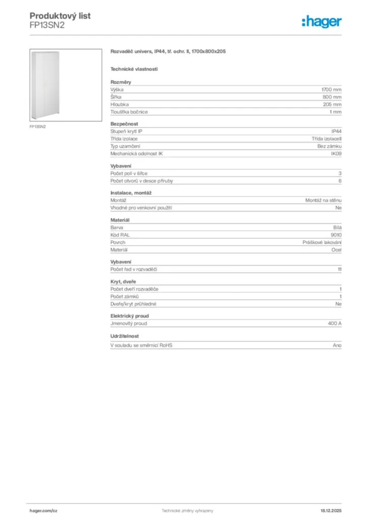 Obrázek Hager Produktový list FP13SN2 | Hager