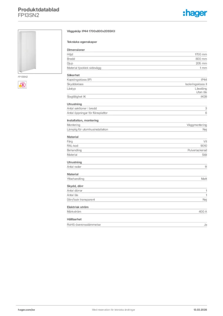 Bild Hager Produktdatablad FP13SN2 | Hager Sverige