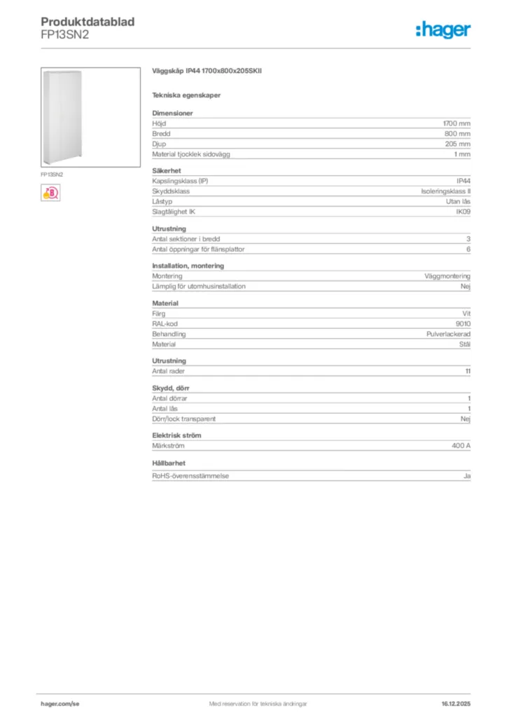 Bild Hager Produktdatablad FP13SN2 | Hager Sverige