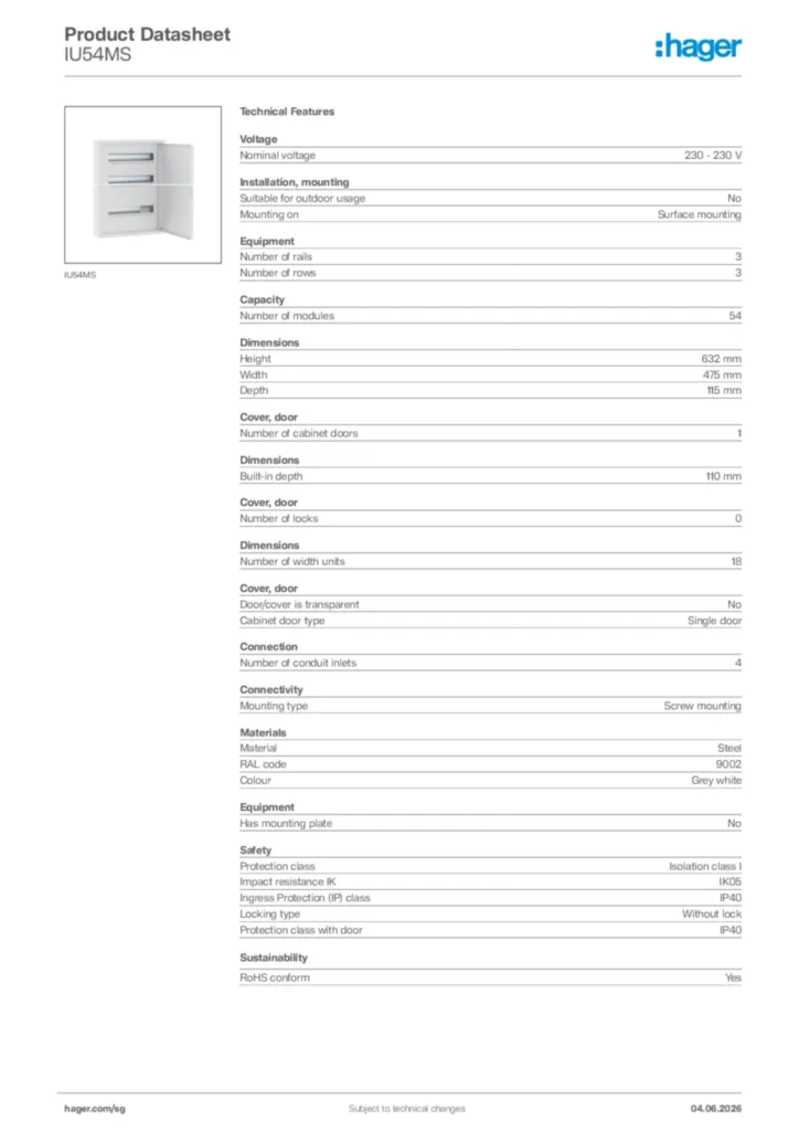 Image Hager Product data sheet IU54MS  | Hager