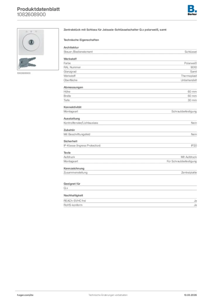 Bild Berker Produktdatenblatt 1082608900 | Hager Deutschland