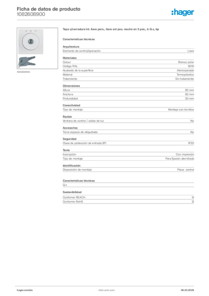 Imagen Hager Ficha de datos de producto 1082608900 | Hager España