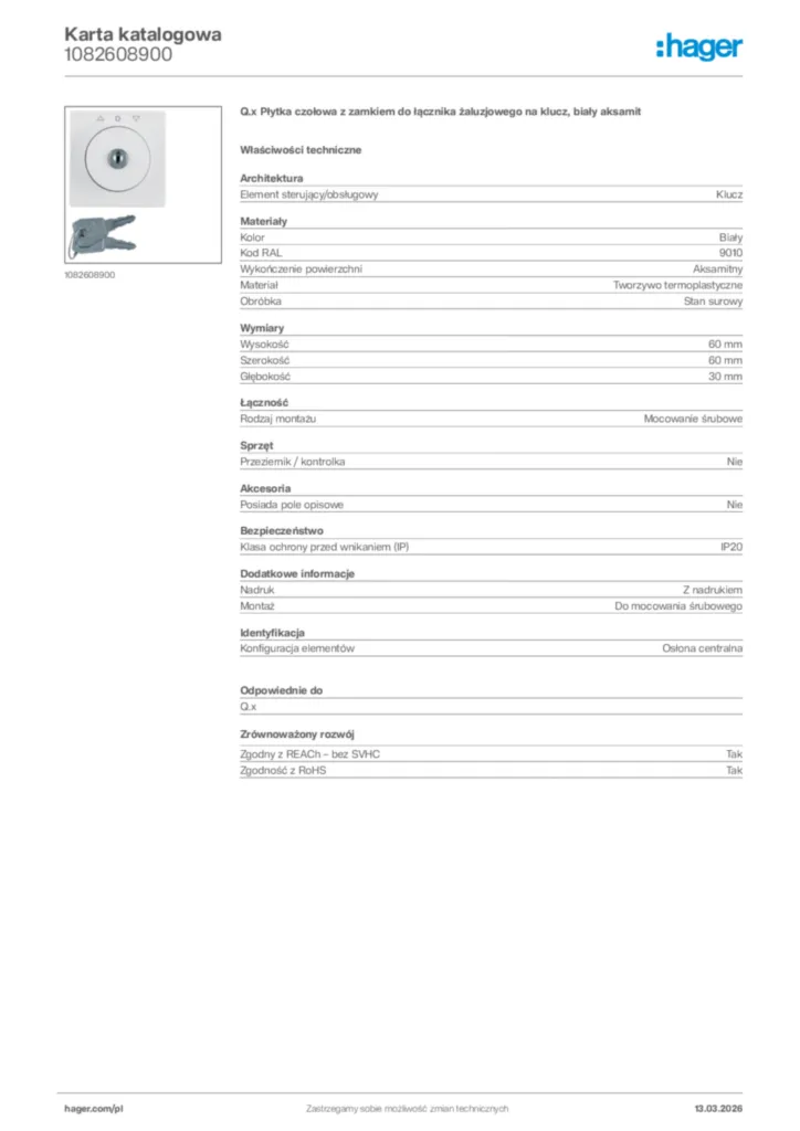 Zdjęcie Hager Karta katalogowa 1082608900 | Hager Polska