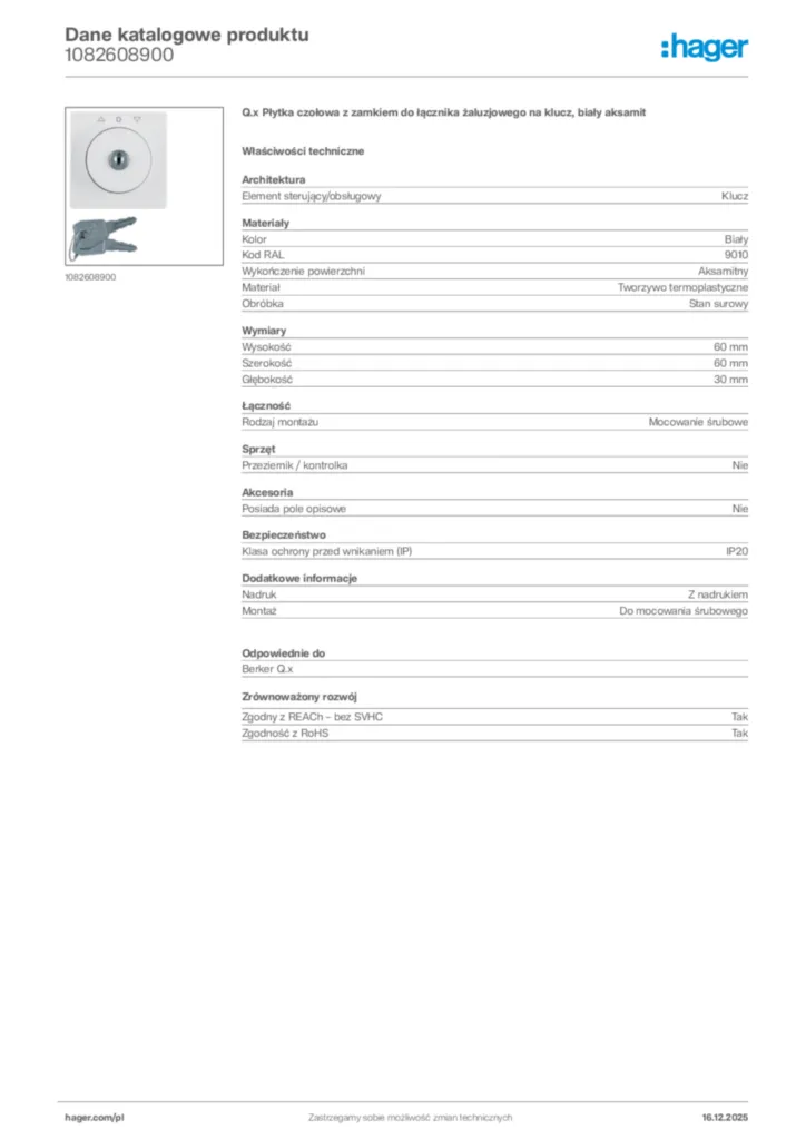 Zdjęcie Hager Karta katalogowa 1082608900 | Hager Polska