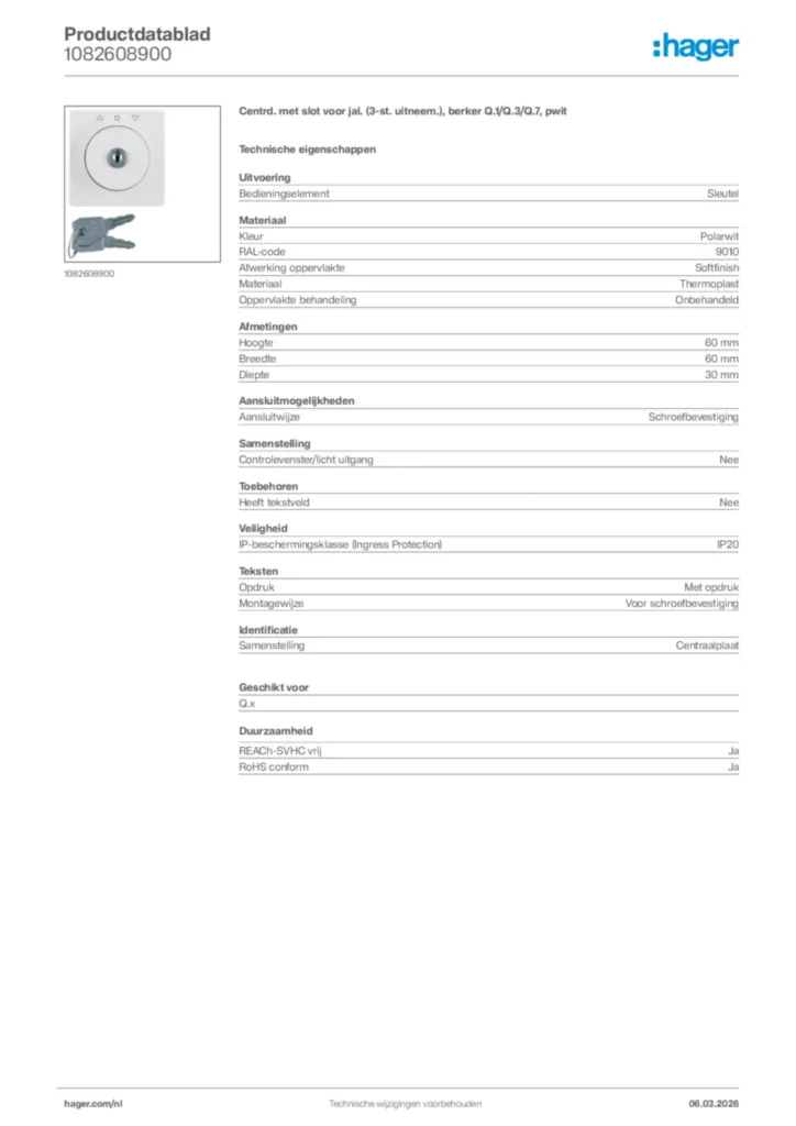 Afbeelding Hager Productdatablad 1082608900 | Hager Nederland